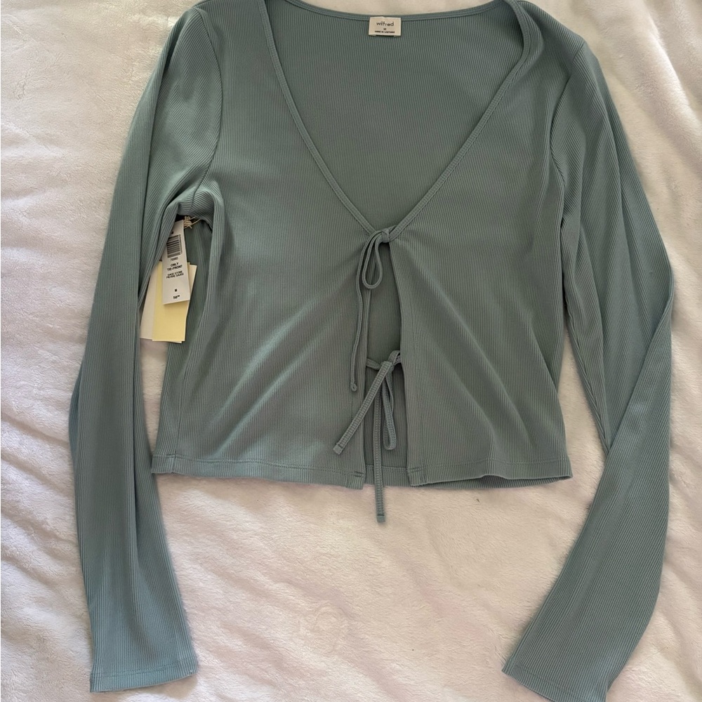 Aritzia Wilfred Women's Light Green-Blue Tie-Front Blouse